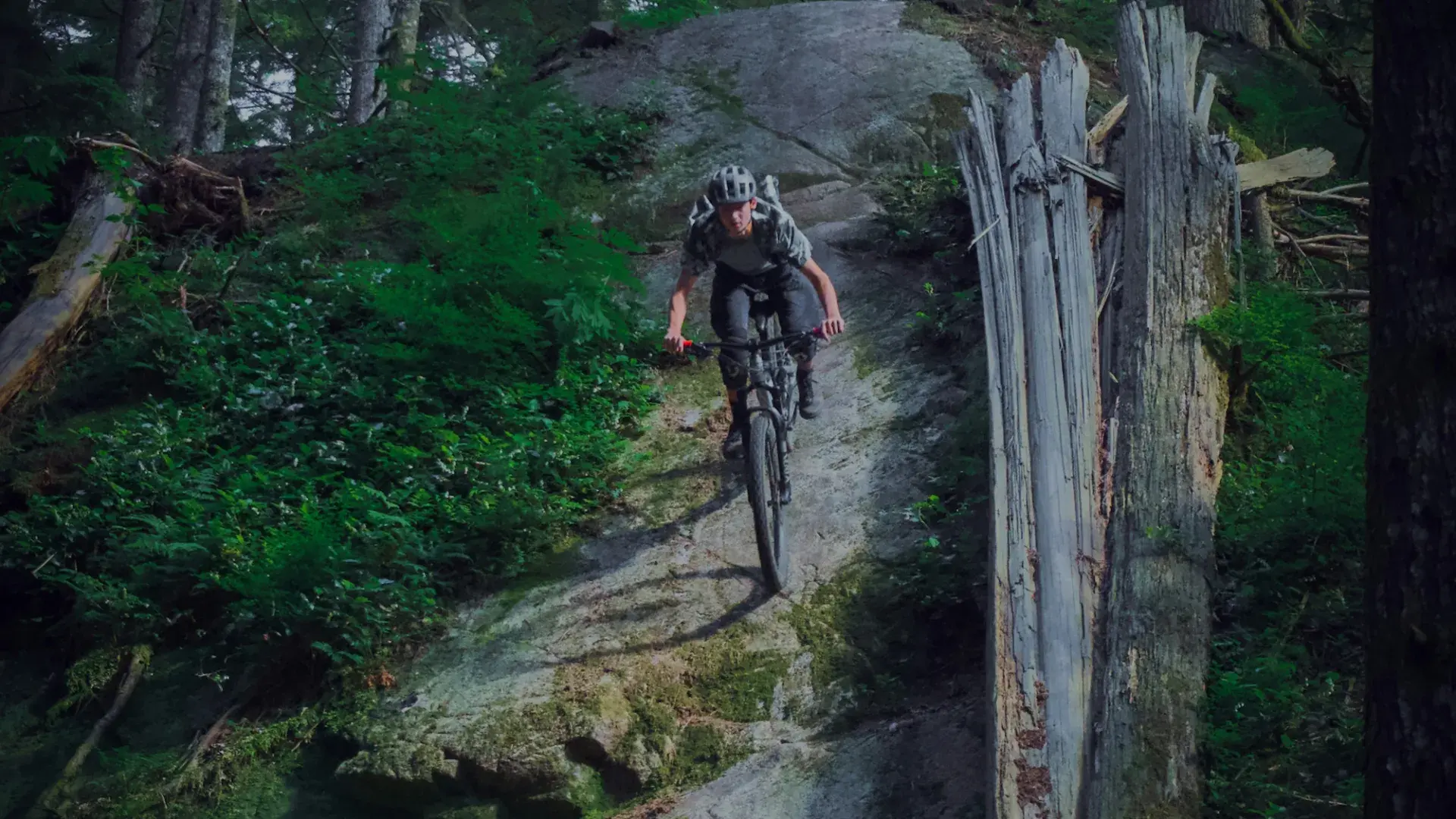 Mountainbiker driftet bei strömendem Regen durch einen Anlieger im nassen Nadelwald, Gischt spritzt vom Hinterrad